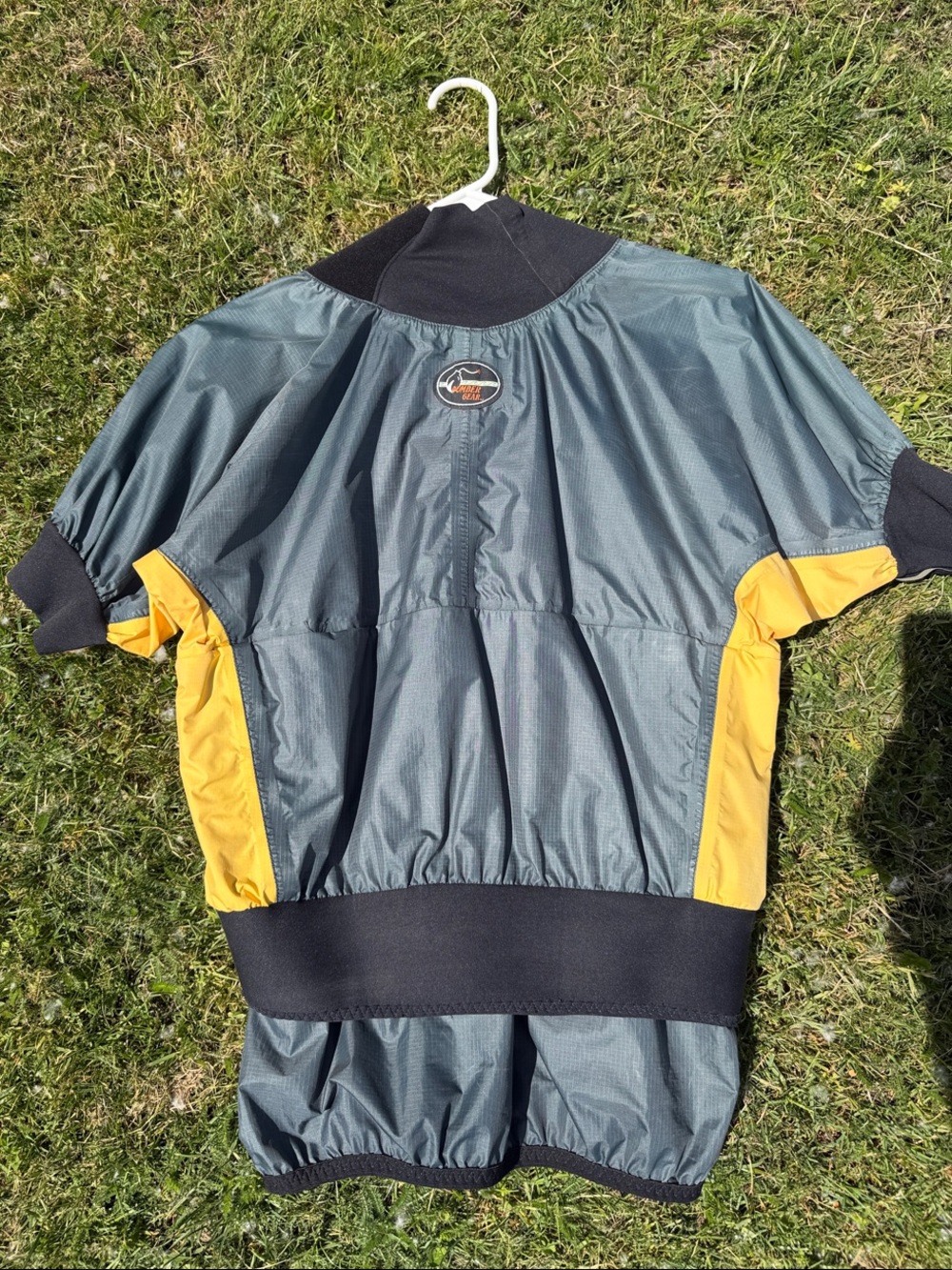 Short-Sleeve kayak dry top. Gray with Yellow Panels. Unisex.